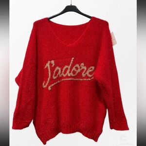 ShopEvelynne Red V-Neck Sweater with Gold 'J'adore' Script